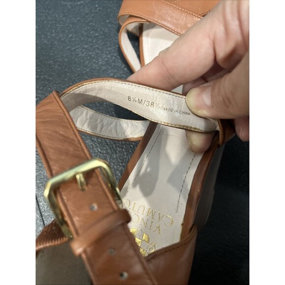Vince Camuto Wedge Sandals Womens 8.5 Tan Leather Ankle Cross Strap 70s Resort - Picture 7 of 7